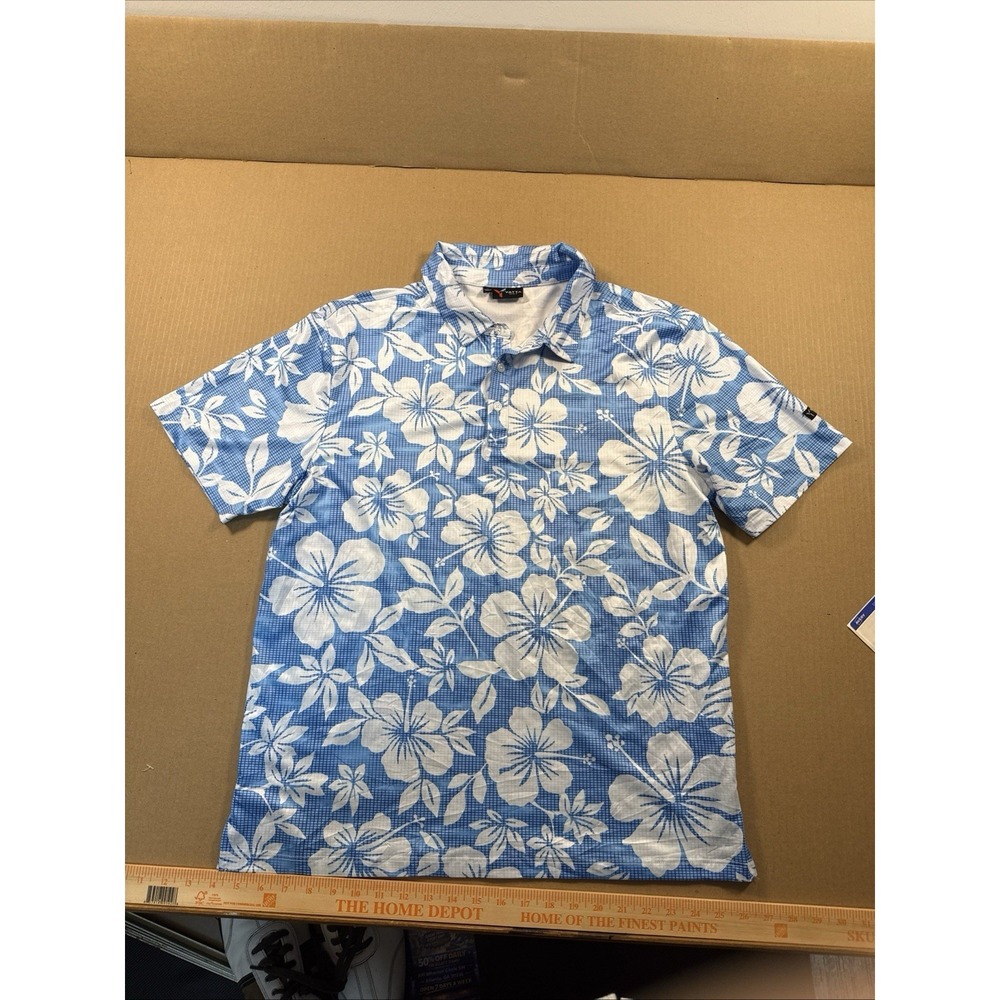 Yatta Golf Polo Shirt L Blue White Button Up Hawaiian Floral Short Sleeve Men